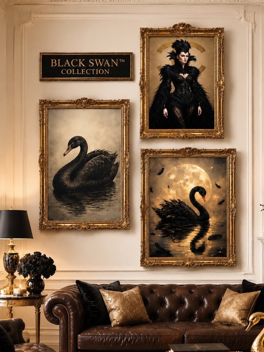 Black Swan Collection™  | Set 3 Luxury Gallery Wall Art Prints Gold Black Chanel